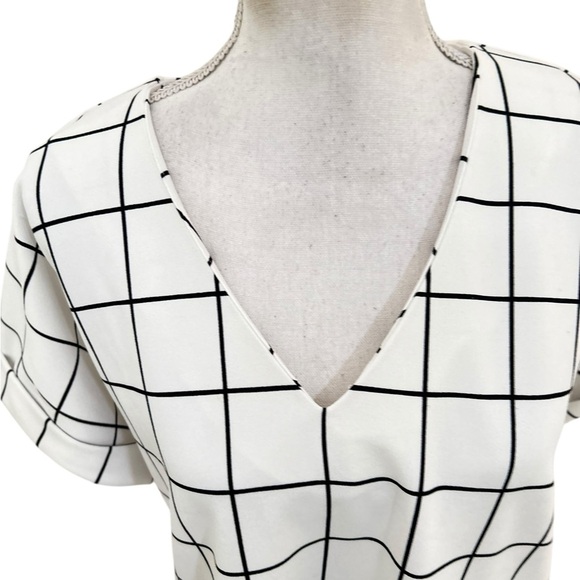 MELLODAY White with Black checks v neck short cuffed sleeves blouse top medium - Picture 4 of 8